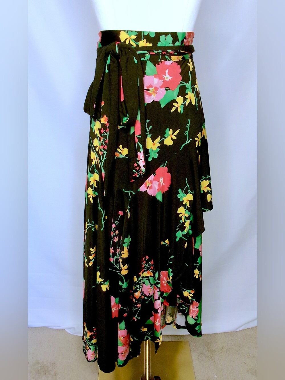 Cabi Black Floral Wrap Maxi Skirt M Asymmetrical Boho Tie Waist